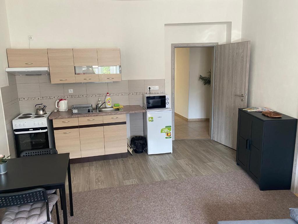 una piccola cucina con frigorifero bianco e tavolo di Apartmány U Muzea a Děčín