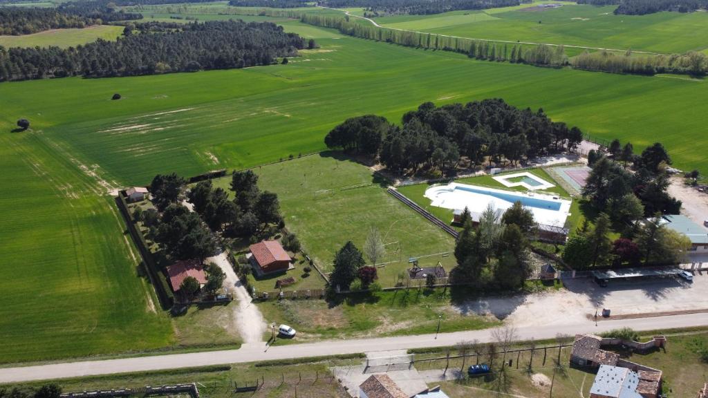 une vue aérienne sur un parc arboré et une route dans l'établissement Las Casitas del Pinar, à Bayubas de Abajo