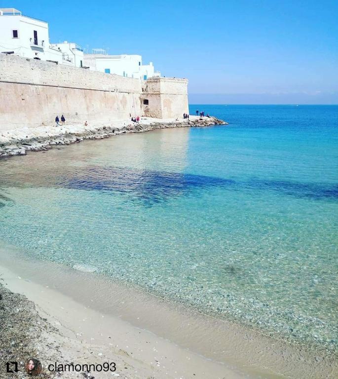 a beach with blue water and white buildings at B&B DIMORA PALMIERI in Monopoli