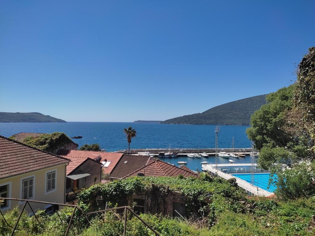 a view of a house with a swimming pool and the ocean at Apartment Valeriana in Herceg-Novi
