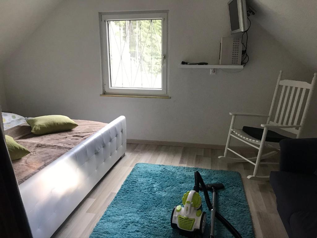 a bedroom with a bed and a vacuum in it at Idyllische kleine Ferienwohnung in Obdach