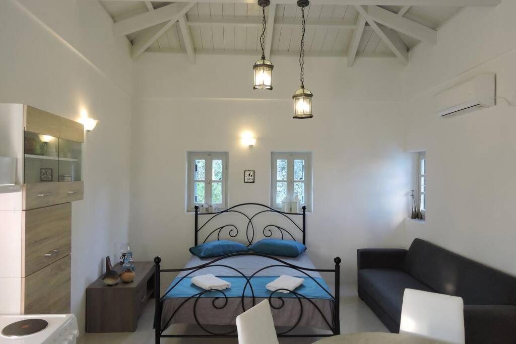 a bedroom with a bed and a couch in a room at Elena Studio in Logothetiánika