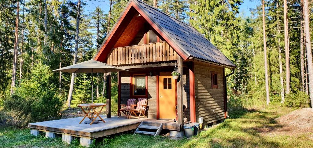 a small cabin with a deck in the woods at Veela metsamaja in Noarootsi