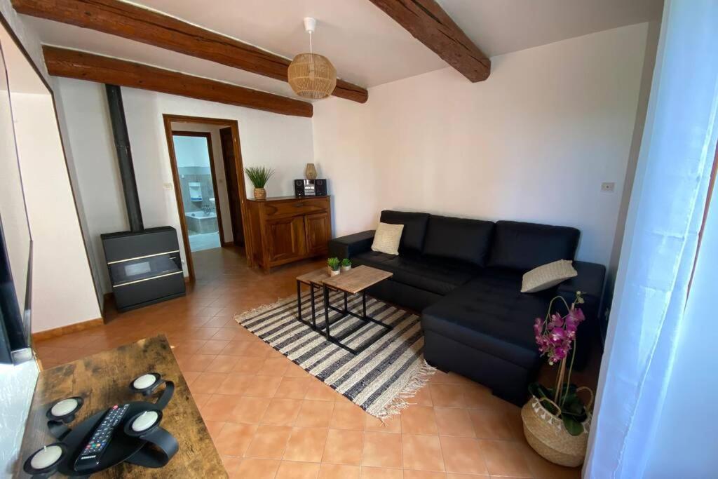 uma sala de estar com um sofá preto e uma televisão em Maison de village Chez Mima Valensole em Valensole