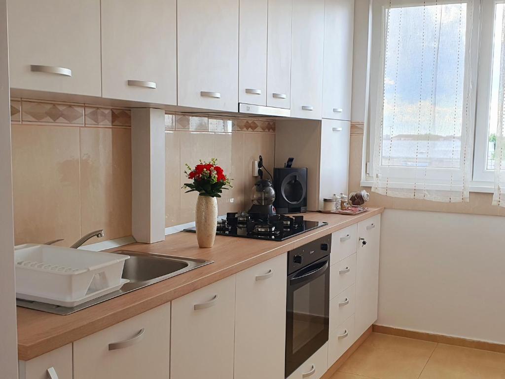 a kitchen with white cabinets and a sink at Forest Apartment Timișoara in Timişoara