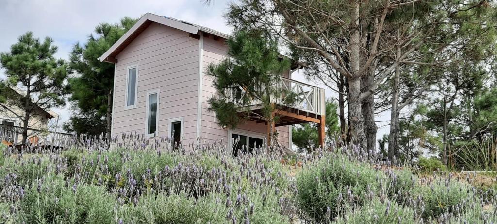 a house with a balcony on the side of it at Villa Alba in Punta Del Diablo