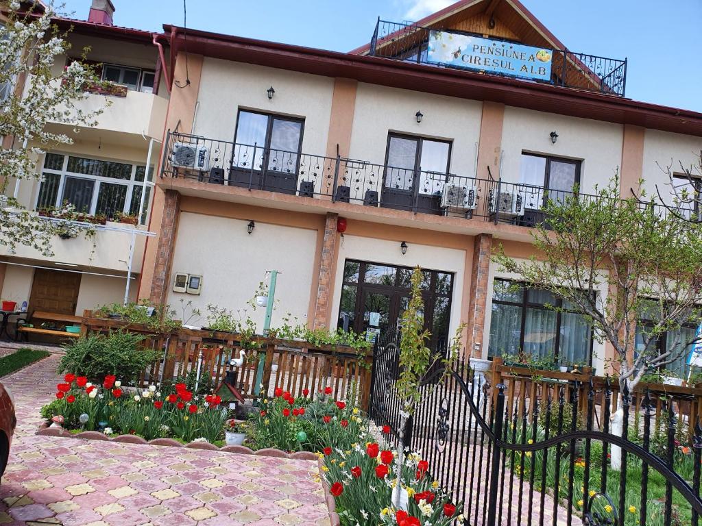 a building with flowers in front of it at PENSIUNEA CIREȘUL ALB in Tulcea