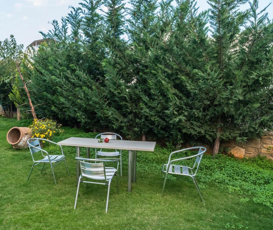 a table and four chairs in the grass at Arsinoi Studios and Apartments in Kalamaki
