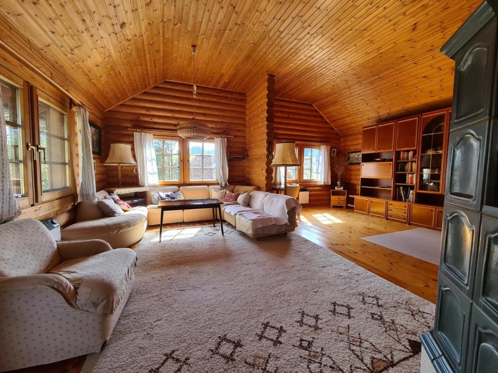 a living room with couches and a wooden ceiling at Charmantes Ferienhaus am Waldrand in Karlstift