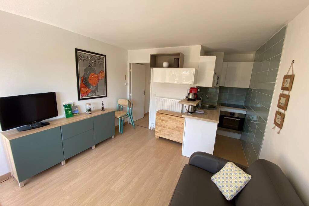 un salon avec un canapé et une cuisine dans l'établissement St-Raphaël - joli T1 au port de Santa-Lucia, à Saint-Raphaël