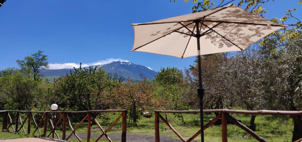 a umbrella on a table with a mountain in the background at Mount Etna Chalet in Maletto
