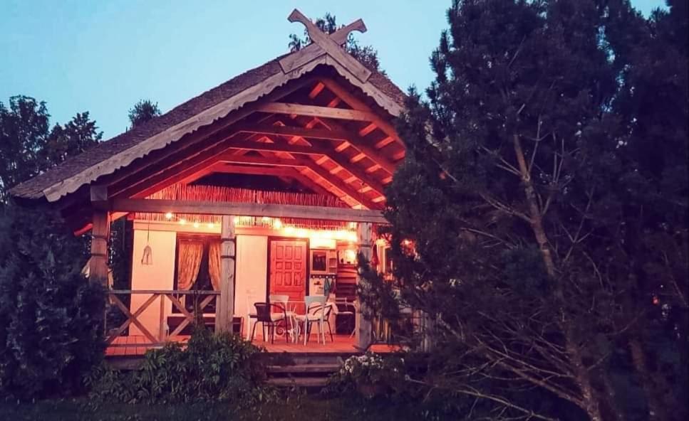 a log home with a porch with lights on it at PO NENDRIŲ STOGU in Šiauliai
