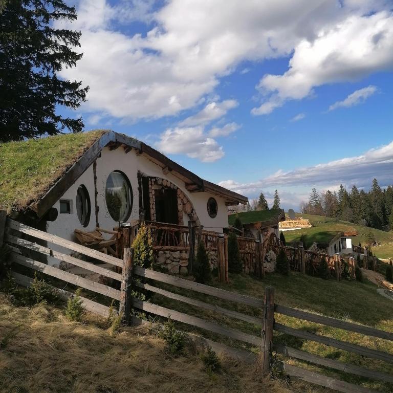 a house with a grass roof and a fence at Odai din Plai in Moieciu de Sus