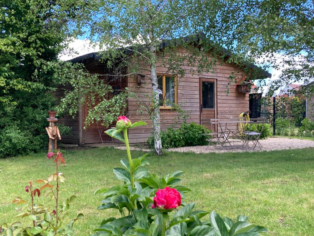 mały ceglany dom z czerwoną różą przed nim w obiekcie Chalet proche Orleans centre w mieście Saint-Jean-le-Blanc