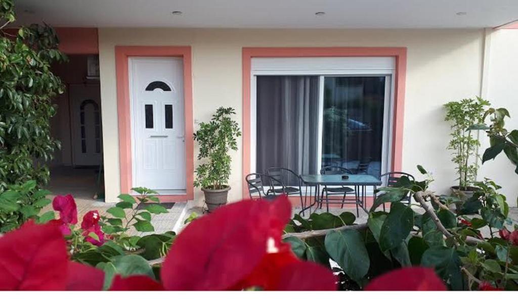 a patio with a table and red flowers in front of a house at PHOENIX apartment near the airport in Markopoulo