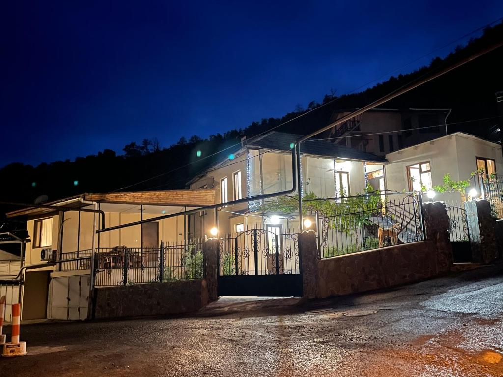 a house at night with lights on it at Luxury Apartment at Pirosmani 22 in central Borjomi in Borjomi