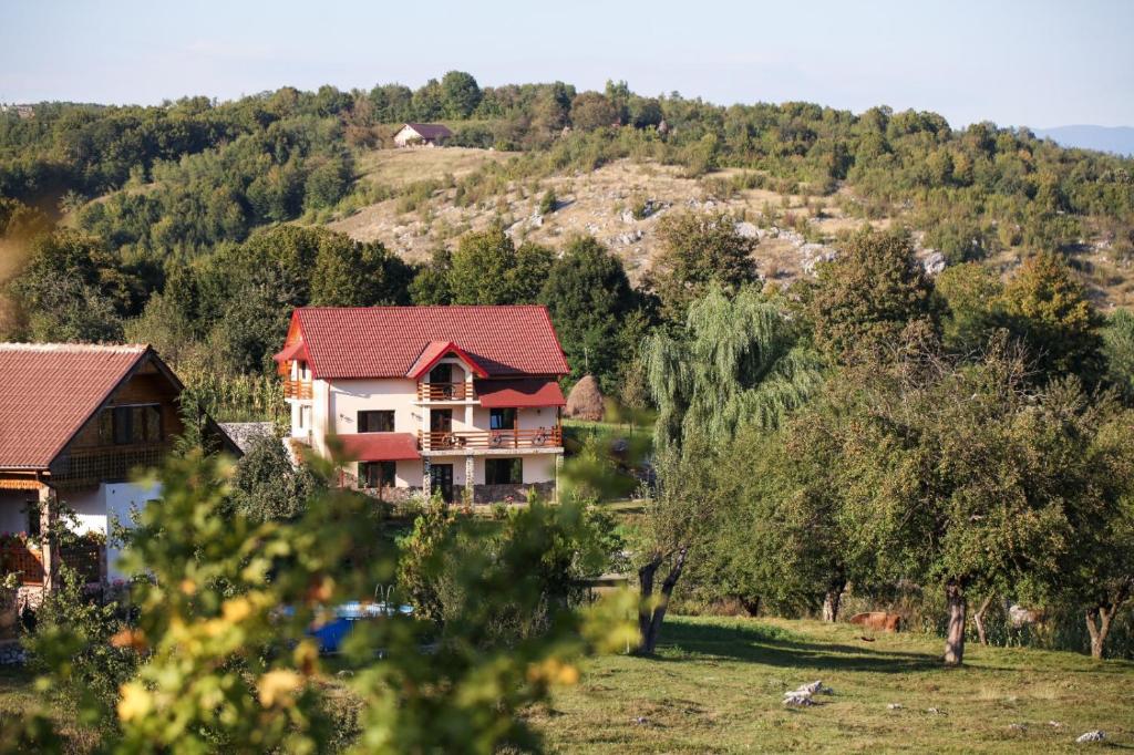 a house on the side of a hill with trees at La Ograda in Ponoarele