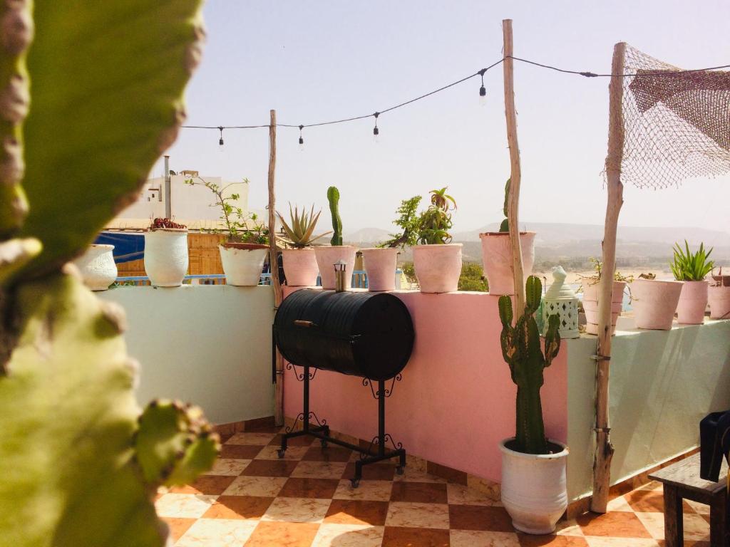 a balcony with potted plants on a wall at Amayour Surf Hostel in Taghazout