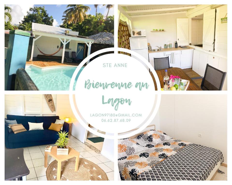 kolaż zdjęć kuchni i salonu w obiekcie Lagon Sainte-Anne : au calme et à 2 pas des plages w mieście Sainte-Anne