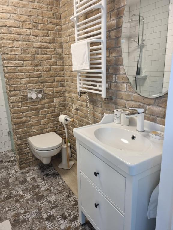 a bathroom with a sink and a toilet and a mirror at Gallery Balta Apartments in Kaunas