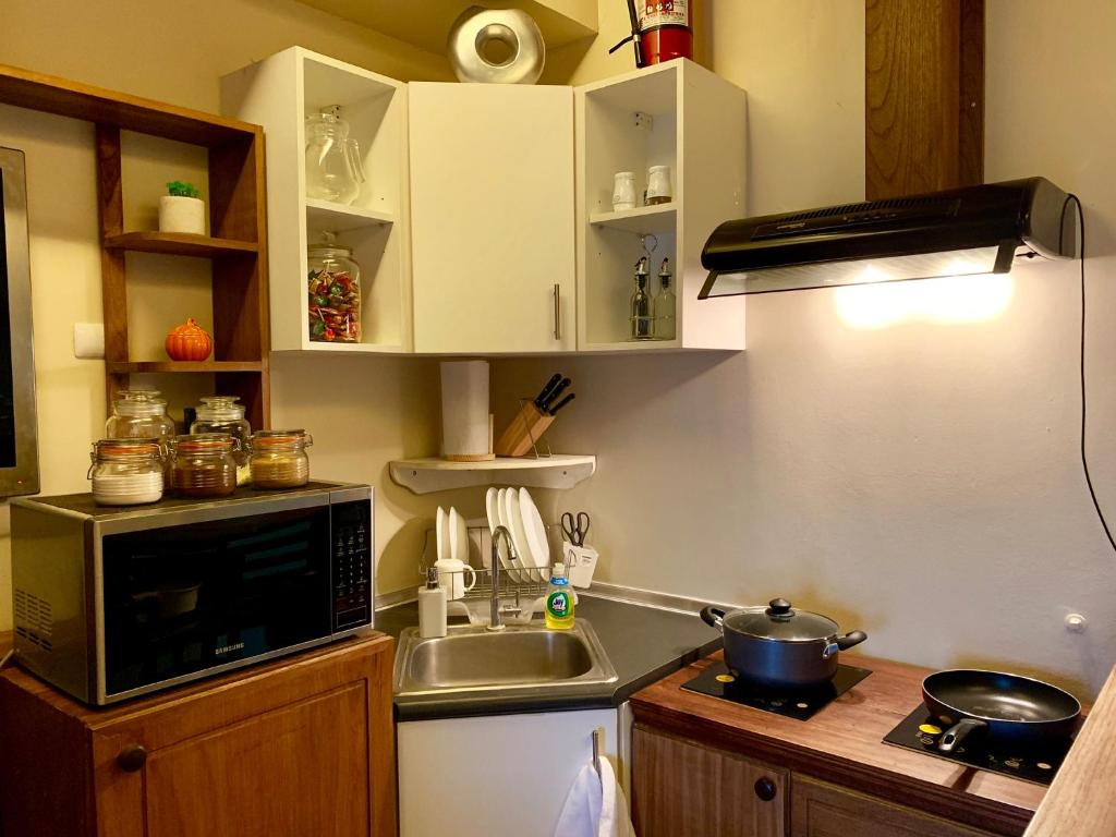 eine kleine Küche mit einer Spüle und einer Mikrowelle in der Unterkunft Penthouse Condo Studio Unit CENTRIO TOWER w/ Stove in Cagayan de Oro