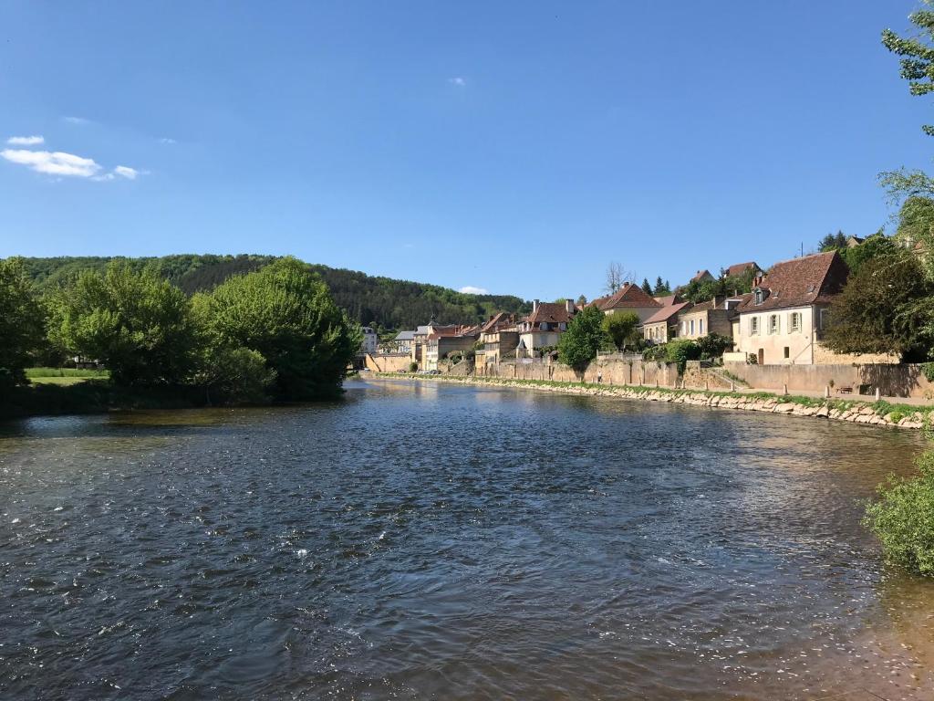 une rivière avec des maisons sur son côté dans l'établissement Gite BR Al Buga, au Bugue