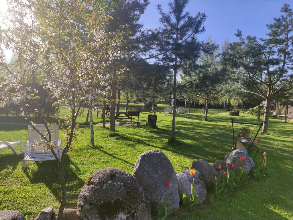 a park with rocks and flowers in the grass at Kliukai in Dubingiai