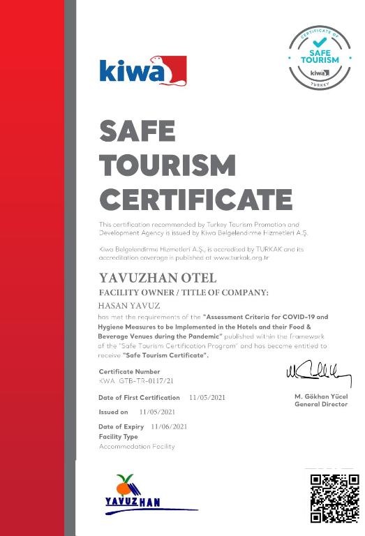 Certifikát, hodnocení, plakát nebo jiný dokument vystavený v ubytování Yavuzhan Hotel