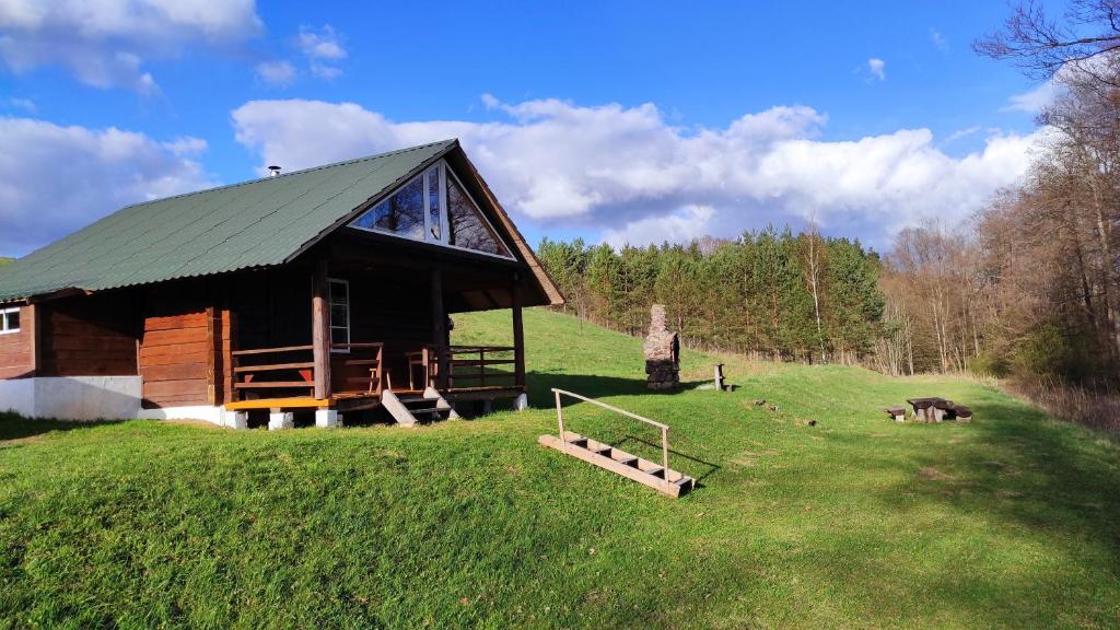 a log cabin on a grassy hill next to a house at Namelis prie ežero in Miežoniai