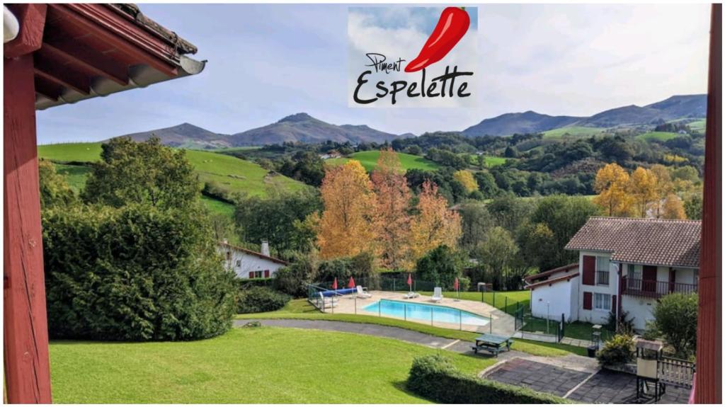 uma vista para uma casa com piscina e montanhas em Bol d'air pur au coeur du pays basque em Souraïde