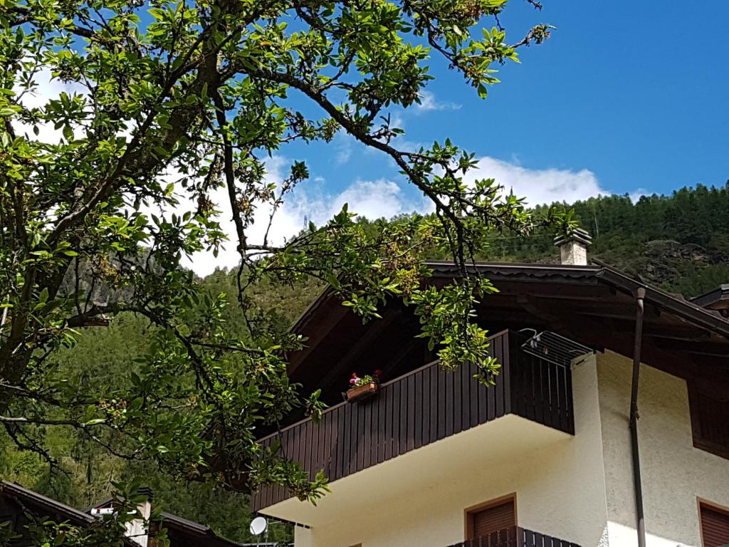 uma varanda de uma casa com um vaso de flores sobre ela em Casa Al Noce Mastellina Apt. Solandra em Commezzadura