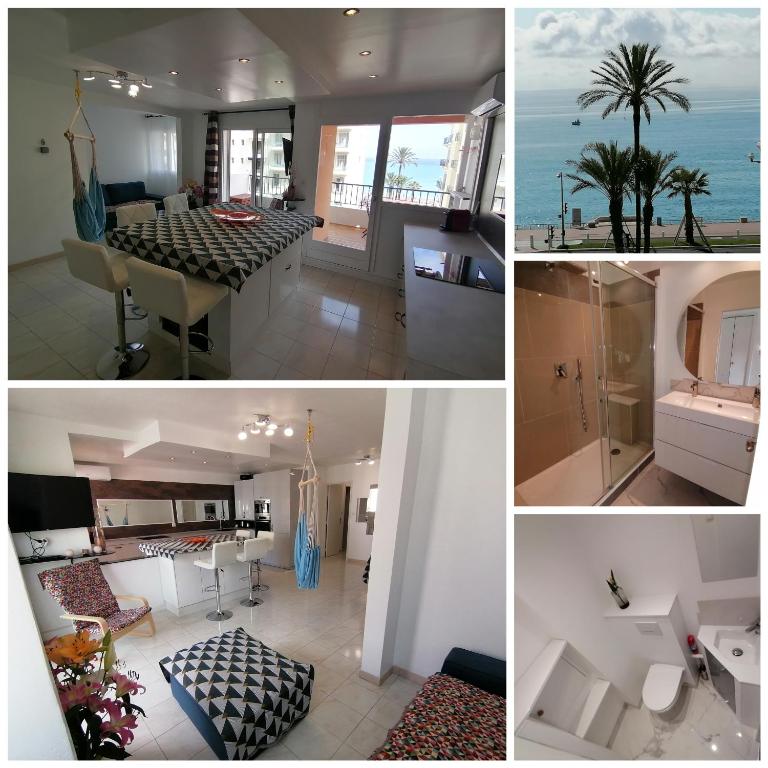 un collage de photos d'une cuisine et d'un salon dans l'établissement Terrasse Vue Mer Plage à 50 m Parking, à Nice