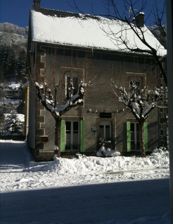 une maison avec des volets verts dans la neige dans l'établissement Les mélèzes, à Le Mont-Dore