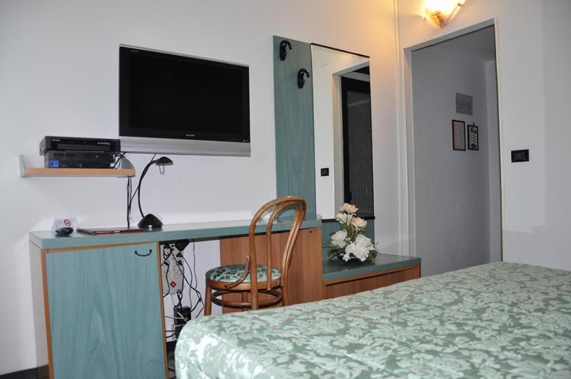 a bedroom with a desk with a television and a bed at Hotel Bristol in Tirrenia