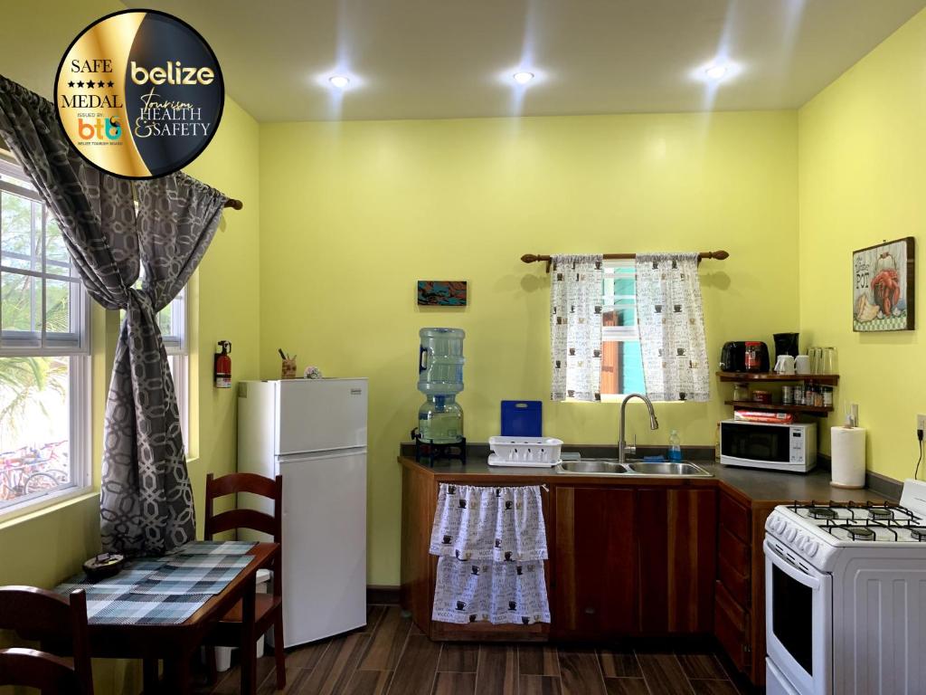 a kitchen with a white refrigerator and a sink at Lily Pad II in Caye Caulker