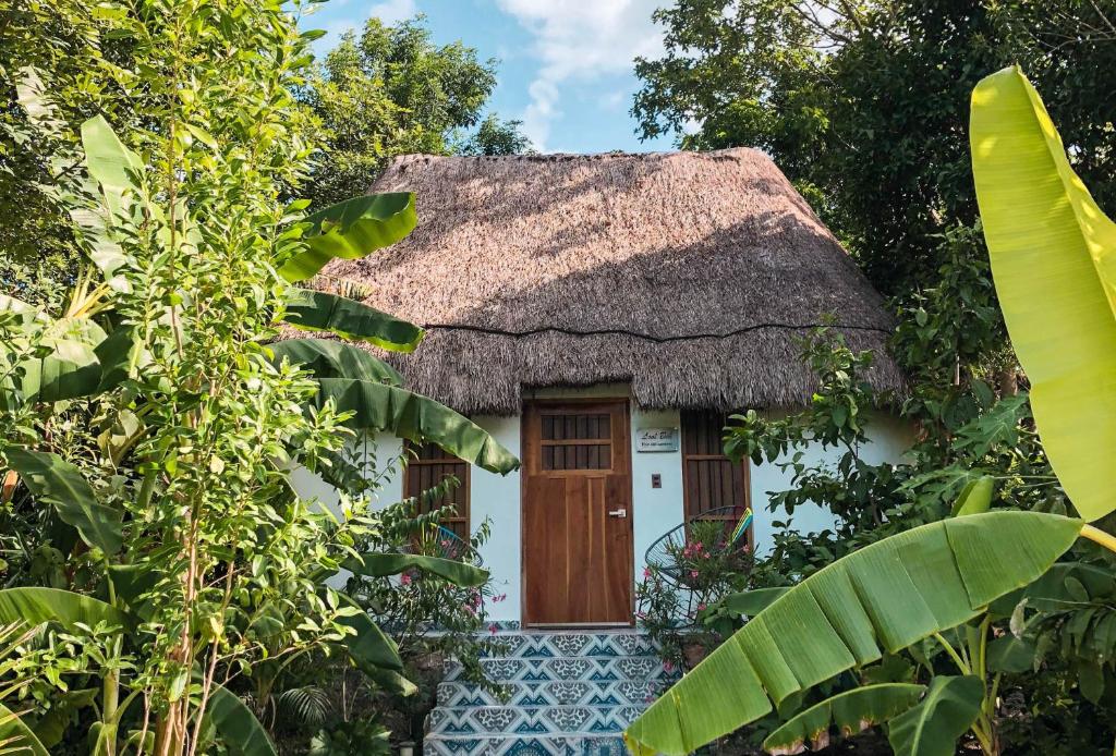 uma casa com telhado de palha e telhado de palha em Cenote San Ignacio em Chocholá