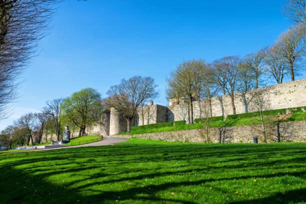 un grand champ herbeux à côté d'un mur de pierre dans l'établissement Locations Boulogne sur mer, 2 personnes, Les Oyats, à Boulogne-sur-Mer