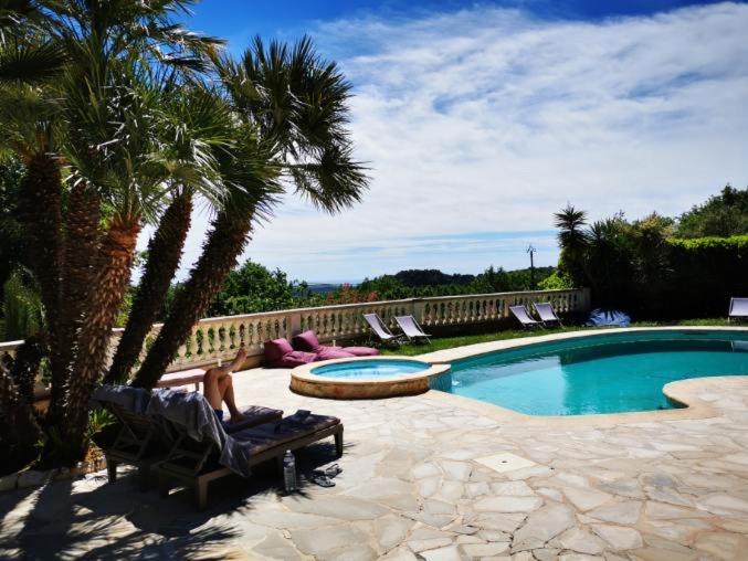 ein Pool mit Palmen und eine Person, die in einem Stuhl daneben sitzt in der Unterkunft Le Mas de Camassade in Tourrettes-sur-Loup