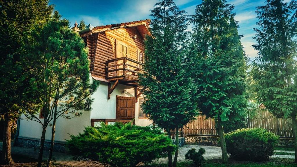 una casa con una puerta de madera y algunos árboles en Cabana dintre Brazi, en Mintia