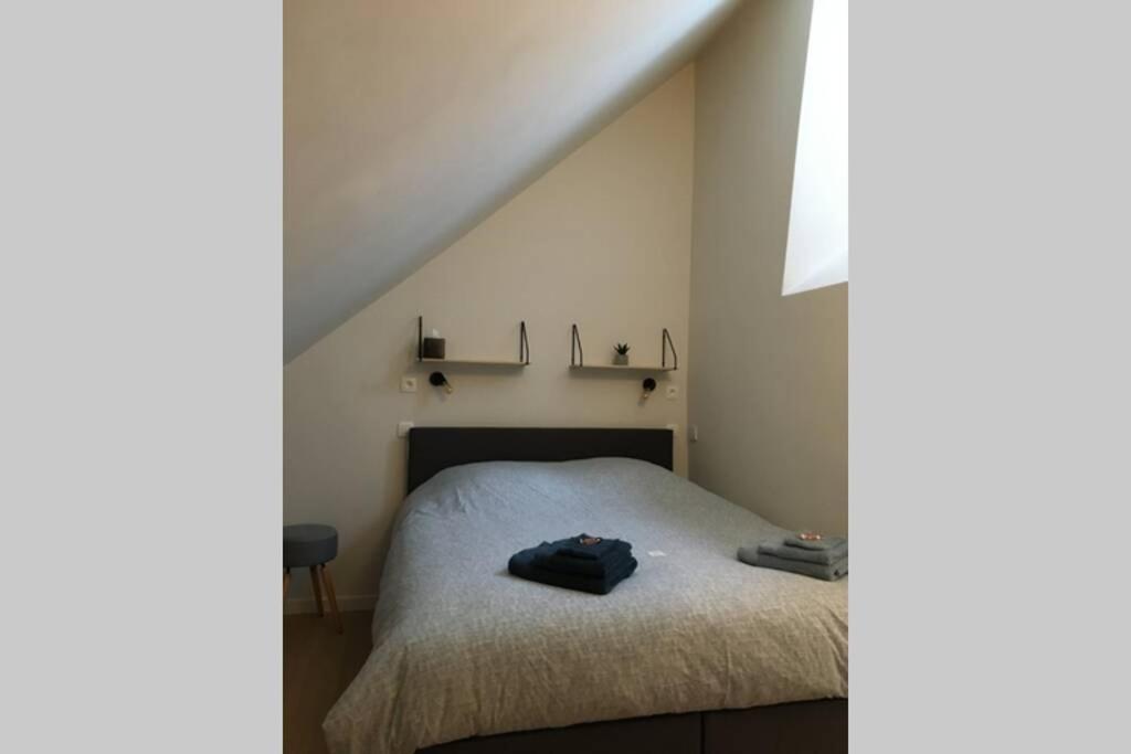 a bedroom with a bed in a attic at StudiO2 Ename, dakappartement in Vlaamse Ardennen in Oudenaarde