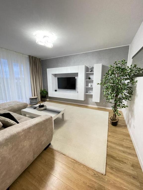 a living room with a couch and a potted plant at Apartament confortabil Alba Iulia in Alba Iulia