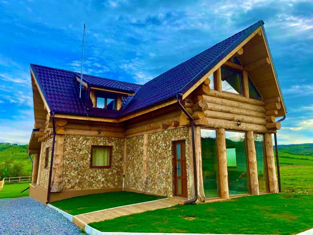 Casa Crăciun في Valea Nandrului: منزل خشبي مع سقف أزرق