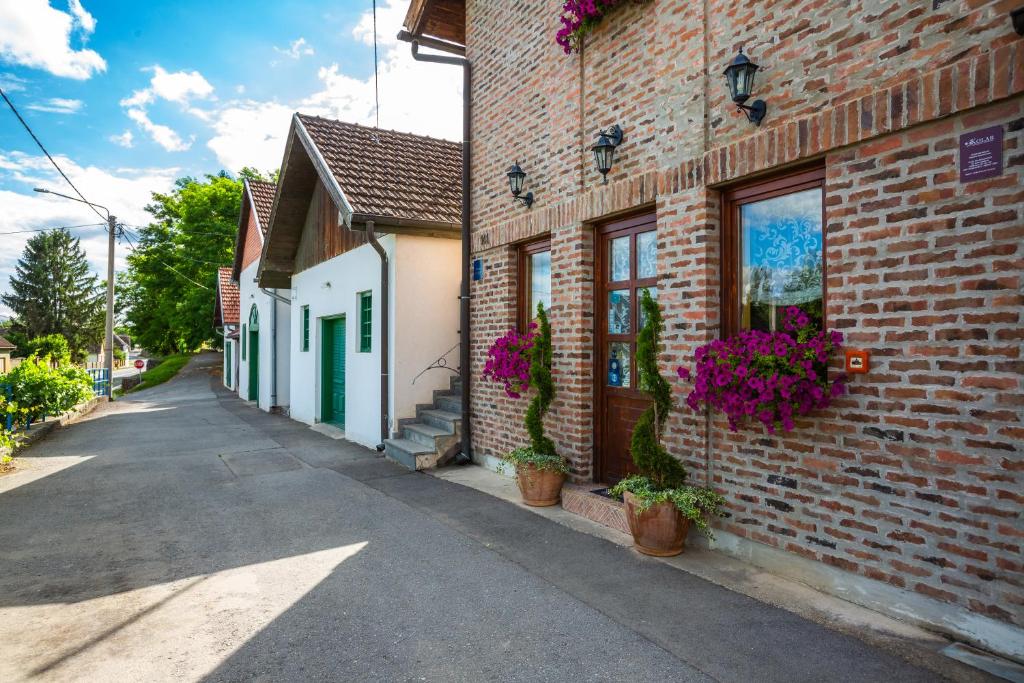 a brick building with potted plants on the side of it at Podrumi Kolar "Suza Baranje" in Kneževi Vinogradi