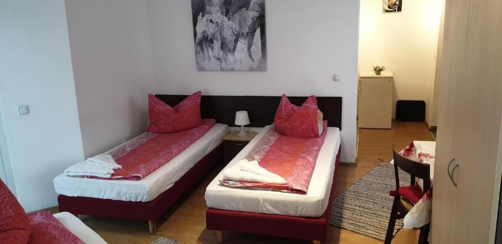 2 łóżka z czerwonymi poduszkami w pokoju w obiekcie Apartmenthaus beim LKH Graz w Grazu
