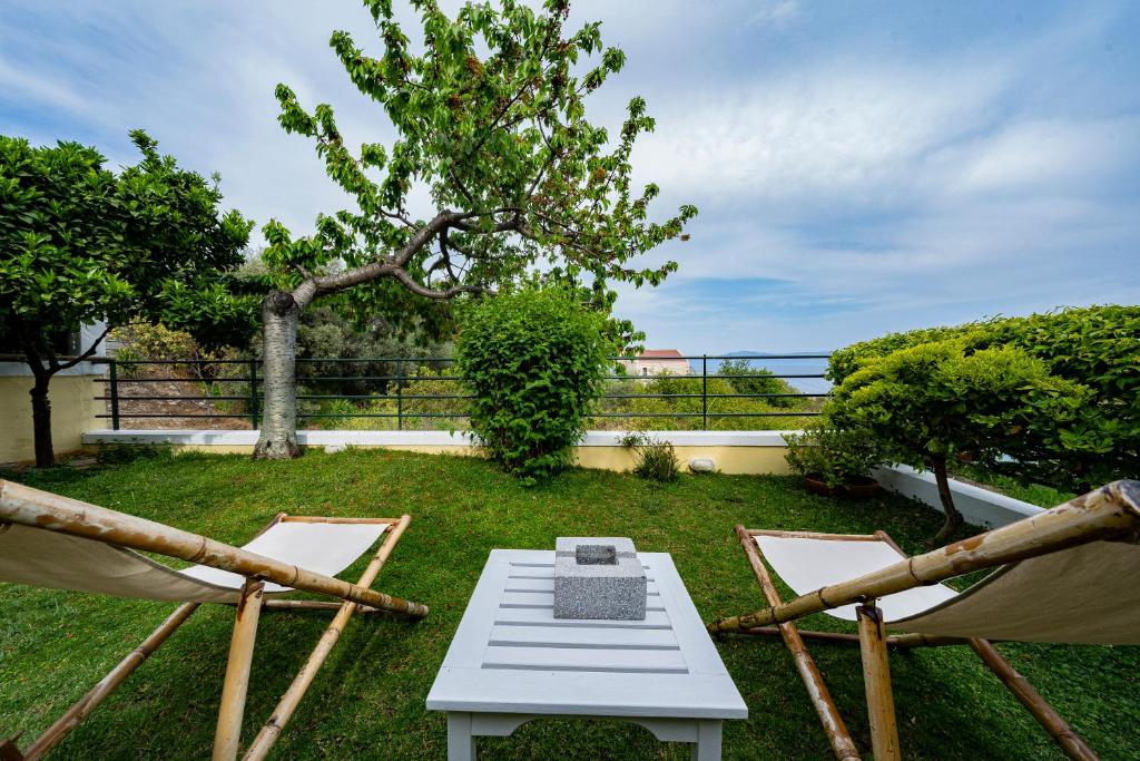 a garden with two chairs and a table and a tree at Sea Path Apartment in Paleo Tsifliki