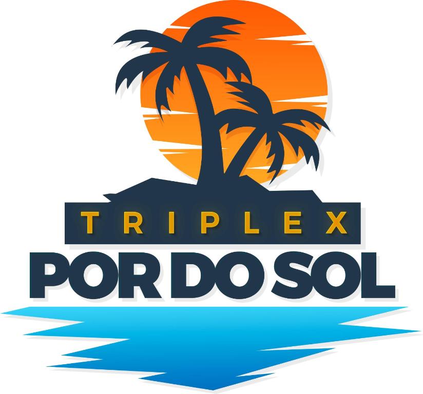 a logo for a tropical resort with two palm trees on a island at Pousada Triplex Pôr Do Sol in Flecheiras