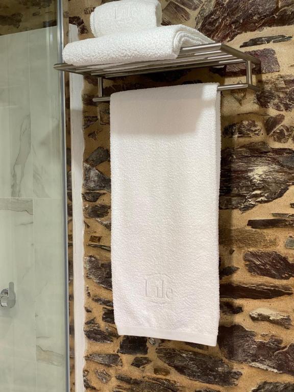 een handdoek hangend aan een handdoekenrek in de badkamer bij Casa da Alfazema in Arganil