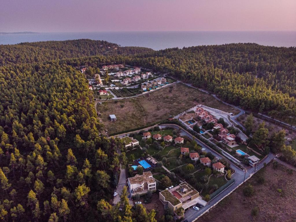 an aerial view of a resort in the woods at Sani Polyastron Hotel & Spa in Sani Beach