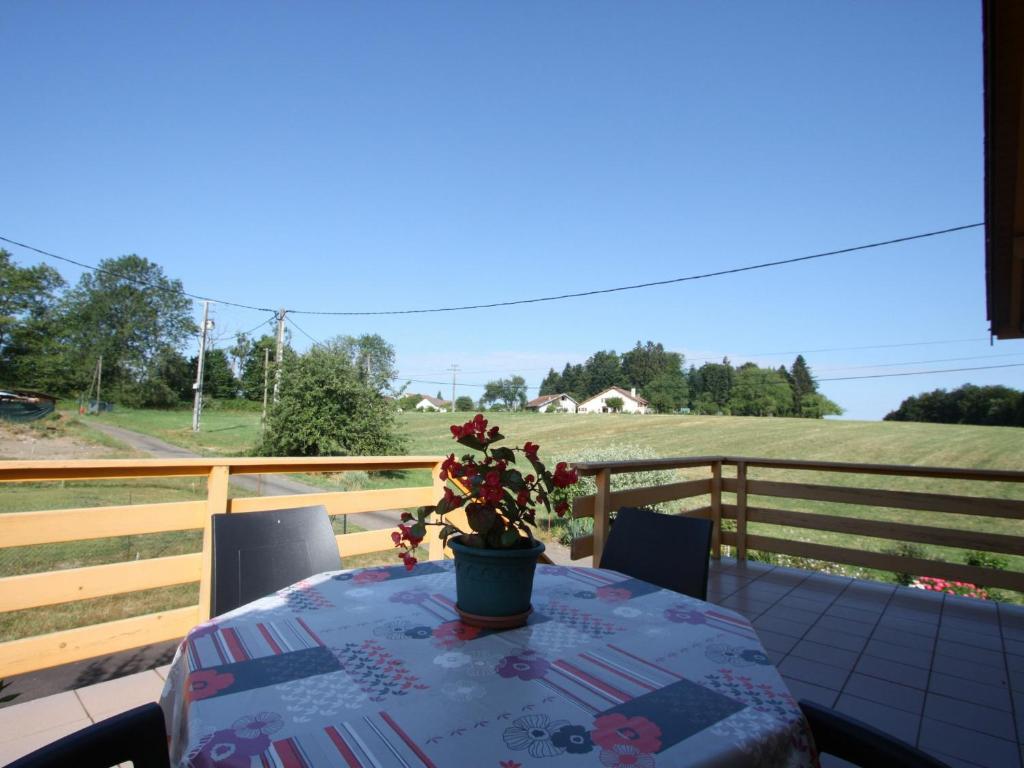 a table with a potted plant sitting on a balcony at Gîte Le Val-d'Ajol, 2 pièces, 2 personnes - FR-1-589-172 in Le Val-dʼAjol