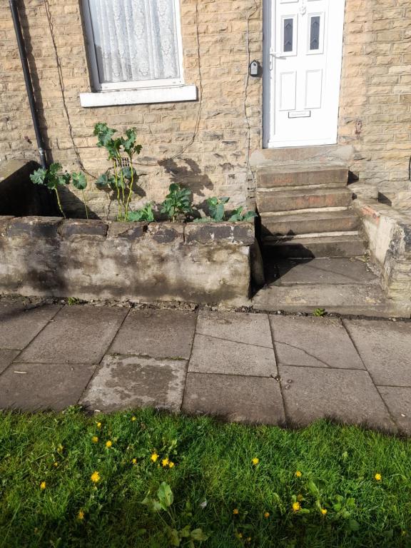 eine Eingangstür eines Hauses mit einem gekrackten Bürgersteig in der Unterkunft Balfour Street in Bradford